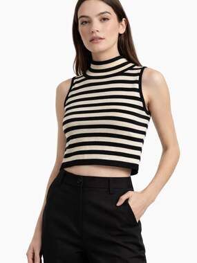 Vtg Escada Margaretha Ley Striped Wool Knit Sleeveless Mock Neck Cropped Top XS